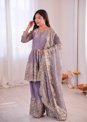 Lovely Maroon Fandy Silk with Embroidery Work Sharara Suit