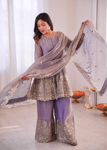 Lovely Maroon Fandy Silk with Embroidery Work Sharara Suit