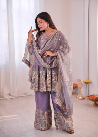 Lovely Maroon Fandy Silk with Embroidery Work Sharara Suit