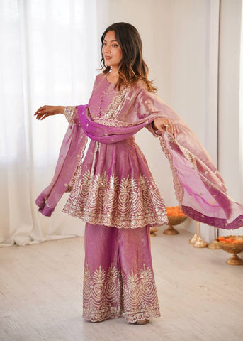 Lovely Maroon Fandy Silk with Embroidery Work Sharara Suit