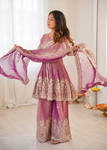 Lovely Maroon Fandy Silk with Embroidery Work Sharara Suit
