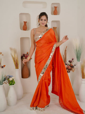 Exclusive Orange Silk Mirror Work Saree