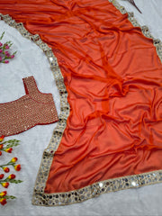 Exclusive Orange Silk Mirror Work Saree