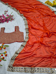 Exclusive Orange Silk Mirror Work Saree