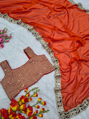 Exclusive Orange Silk Mirror Work Saree