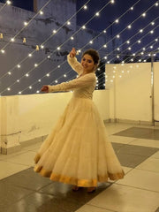 Lovely White Vichitra Silk with Heavy Sequin Work Gown