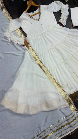 Lovely White Vichitra Silk with Heavy Sequin Work Gown