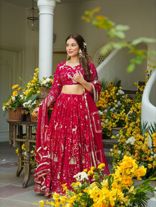 Exclusive Red Faux Georgette Embroidery Lehenga