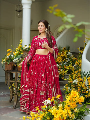 Exclusive Red Faux Georgette Embroidery Lehenga