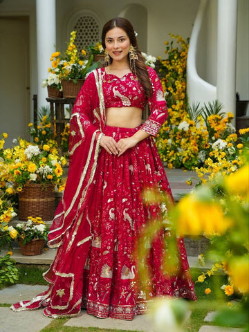 Exclusive Red Faux Georgette Embroidery Lehenga