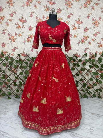 Exclusive Red Faux Georgette Embroidery Lehenga