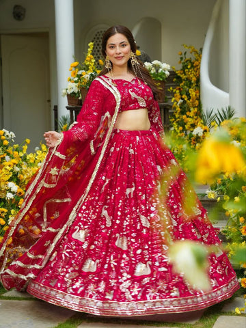 Exclusive Red Faux Georgette Embroidery Lehenga