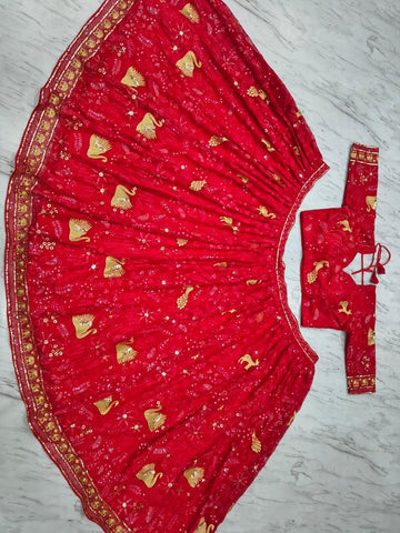 Exclusive Red Faux Georgette Embroidery Lehenga