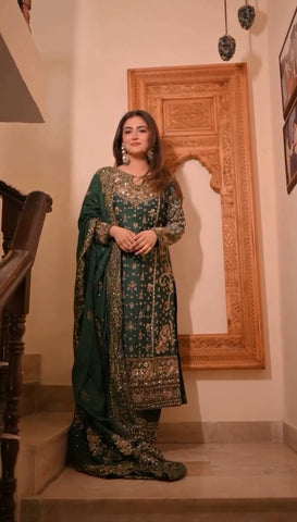 Charming Green Georgette with Sequence Work Sharara Suit