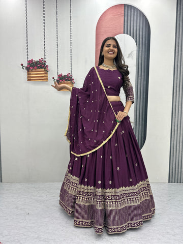 Exclusive Purple Chinon Embroidery Work Lehenga Choli