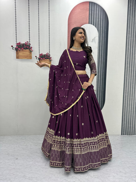Exclusive Purple Chinon Embroidery Work Lehenga Choli