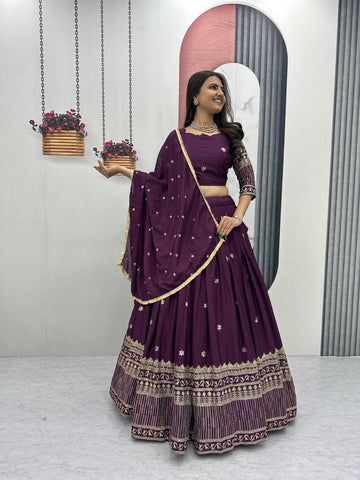 Exclusive Purple Chinon Embroidery Work Lehenga Choli