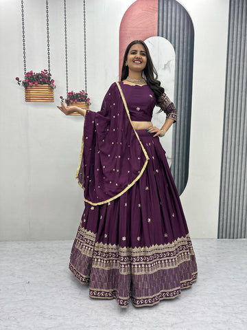 Exclusive Purple Chinon Embroidery Work Lehenga Choli