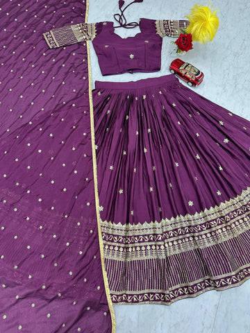 Exclusive Purple Chinon Embroidery Work Lehenga Choli