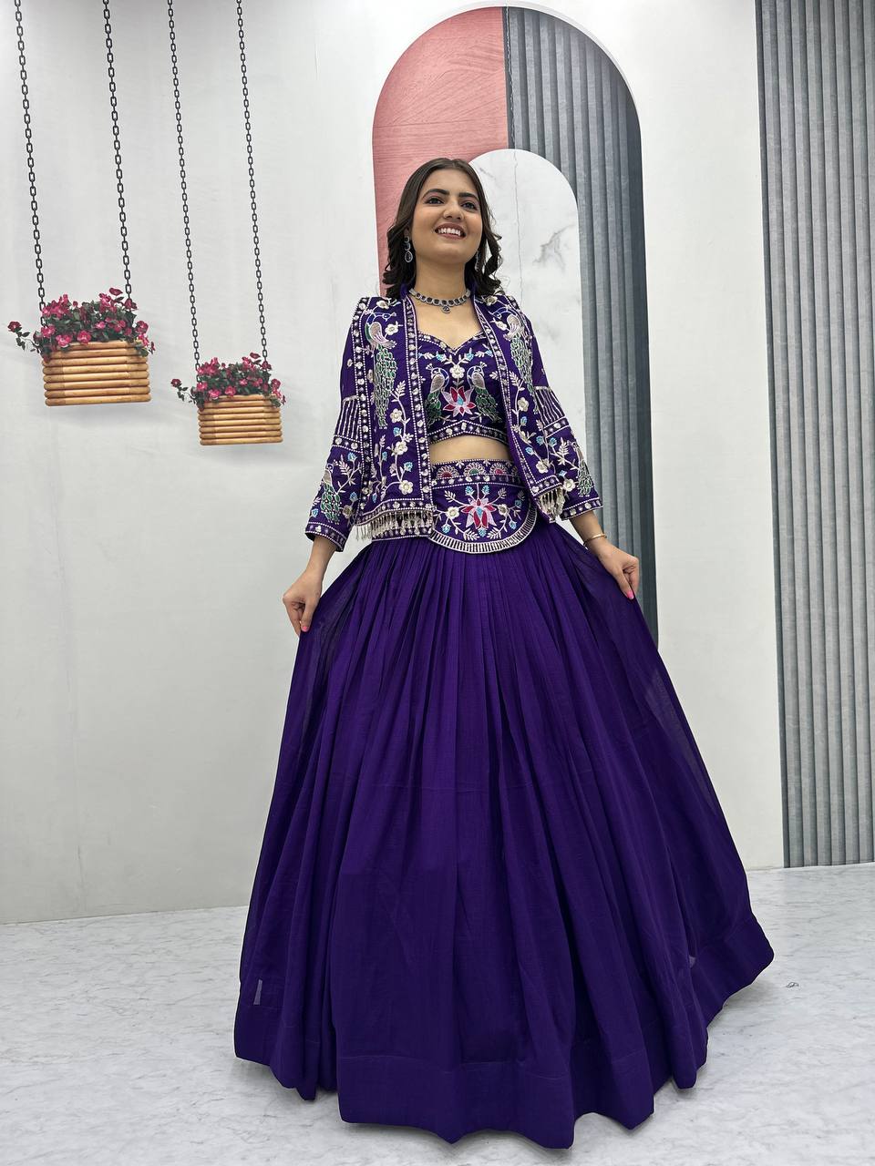 Exclusive Purple Vichitra Silk Heavy Thread Work Lehenga