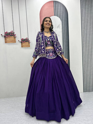 Exclusive Purple Vichitra Silk Heavy Thread Work Lehenga