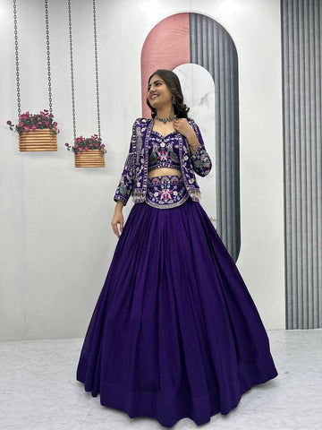 Exclusive Purple Vichitra Silk Heavy Thread Work Lehenga