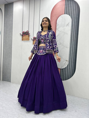 Exclusive Purple Vichitra Silk Heavy Thread Work Lehenga