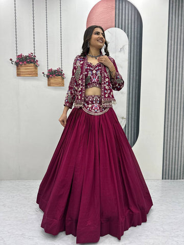 Exclusive Purple Vichitra Silk Heavy Thread Work Lehenga