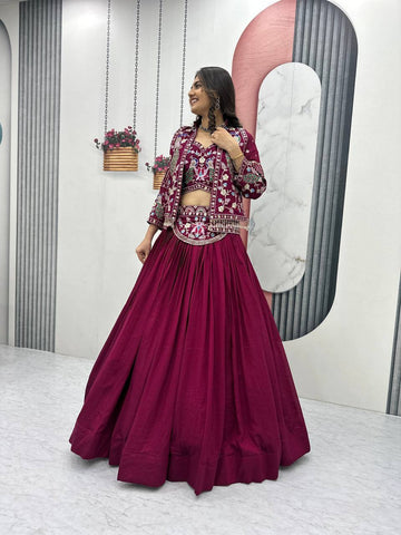 Exclusive Purple Vichitra Silk Heavy Thread Work Lehenga