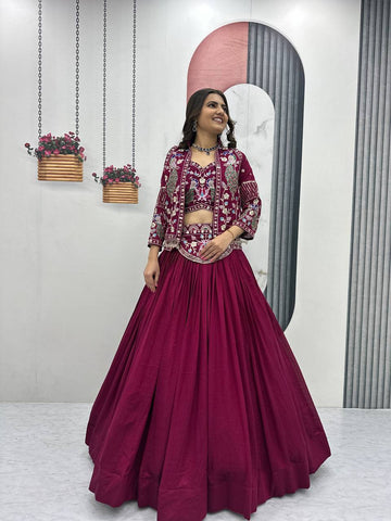 Exclusive Purple Vichitra Silk Heavy Thread Work Lehenga