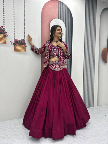 Exclusive Purple Vichitra Silk Heavy Thread Work Lehenga