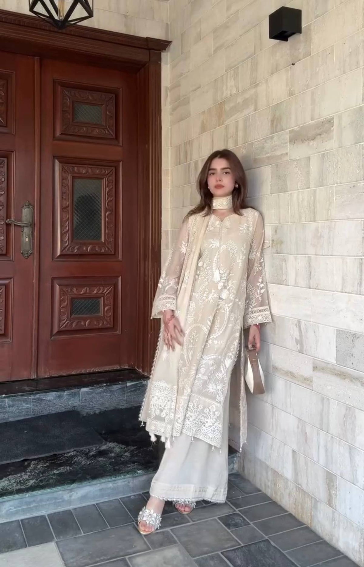 Exclusive Ivory Heavy Faux Georgette Embroidery Work Palazzo Suit