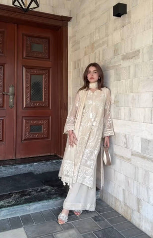 Exclusive Ivory Heavy Faux Georgette Embroidery Work Palazzo Suit