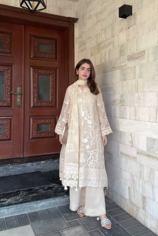 Exclusive Ivory Heavy Faux Georgette Embroidery Work Palazzo Suit