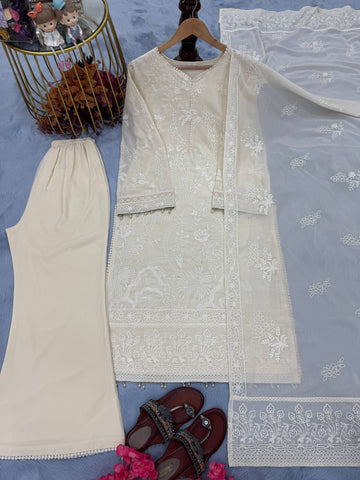 Exclusive Ivory Heavy Faux Georgette Embroidery Work Palazzo Suit