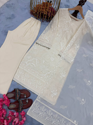Exclusive Ivory Heavy Faux Georgette Embroidery Work Palazzo Suit