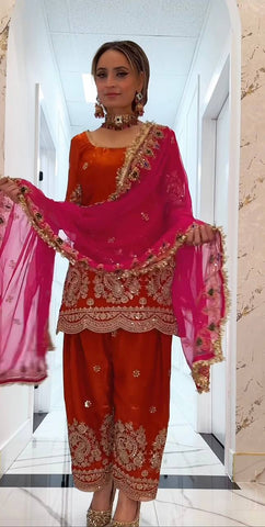 Lovely Orange Heavy Fandy Crushi Silk Thread Work Farshi Salwar Suit
