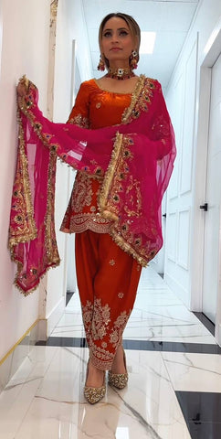 Lovely Orange Heavy Fandy Crushi Silk Thread Work Farshi Salwar Suit