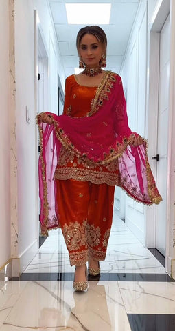 Lovely Orange Heavy Fandy Crushi Silk Thread Work Farshi Salwar Suit