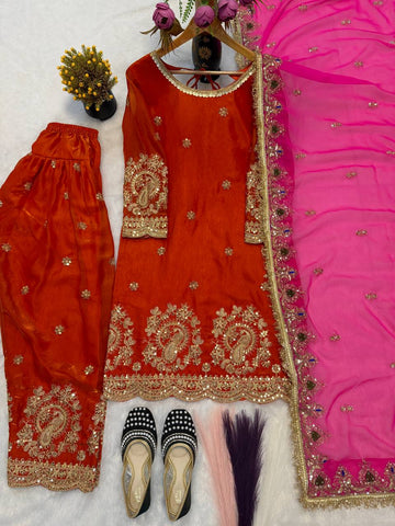 Lovely Orange Heavy Fandy Crushi Silk Thread Work Farshi Salwar Suit