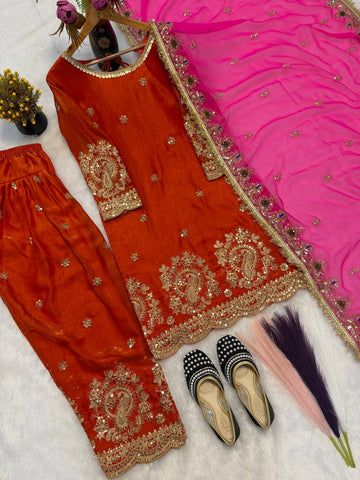 Lovely Orange Heavy Fandy Crushi Silk Thread Work Farshi Salwar Suit