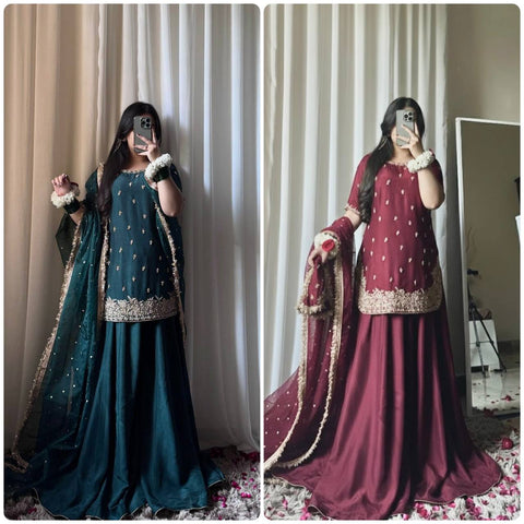 Exclusive Green Heavy Chinon Silk Embroidery Work Sharara Suit