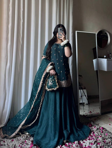 Exclusive Green Heavy Chinon Silk Embroidery Work Sharara Suit