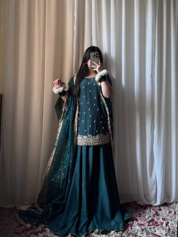 Exclusive Green Heavy Chinon Silk Embroidery Work Sharara Suit