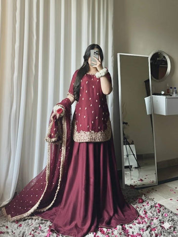 Exclusive Green Heavy Chinon Silk Embroidery Work Sharara Suit
