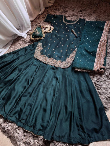 Exclusive Green Heavy Chinon Silk Embroidery Work Sharara Suit