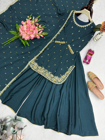 Exclusive Green Heavy Chinon Silk Embroidery Work Sharara Suit