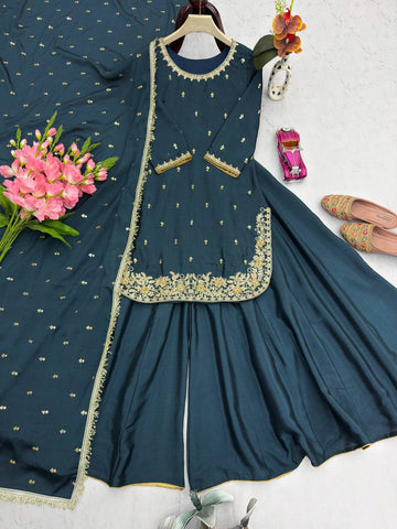 Exclusive Green Heavy Chinon Silk Embroidery Work Sharara Suit