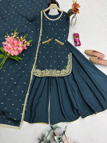 Exclusive Green Heavy Chinon Silk Embroidery Work Sharara Suit