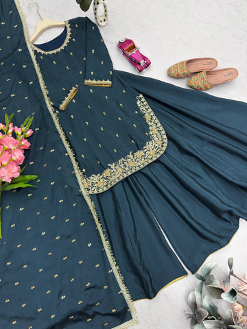 Exclusive Green Heavy Chinon Silk Embroidery Work Sharara Suit